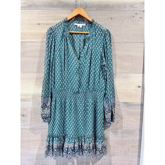 VERONICA BEARD DESTINY PRINTED SMOCKED WAIST V-NECK MINI DRESS IN GREEN SIZE 14 - Picture 4 of 11